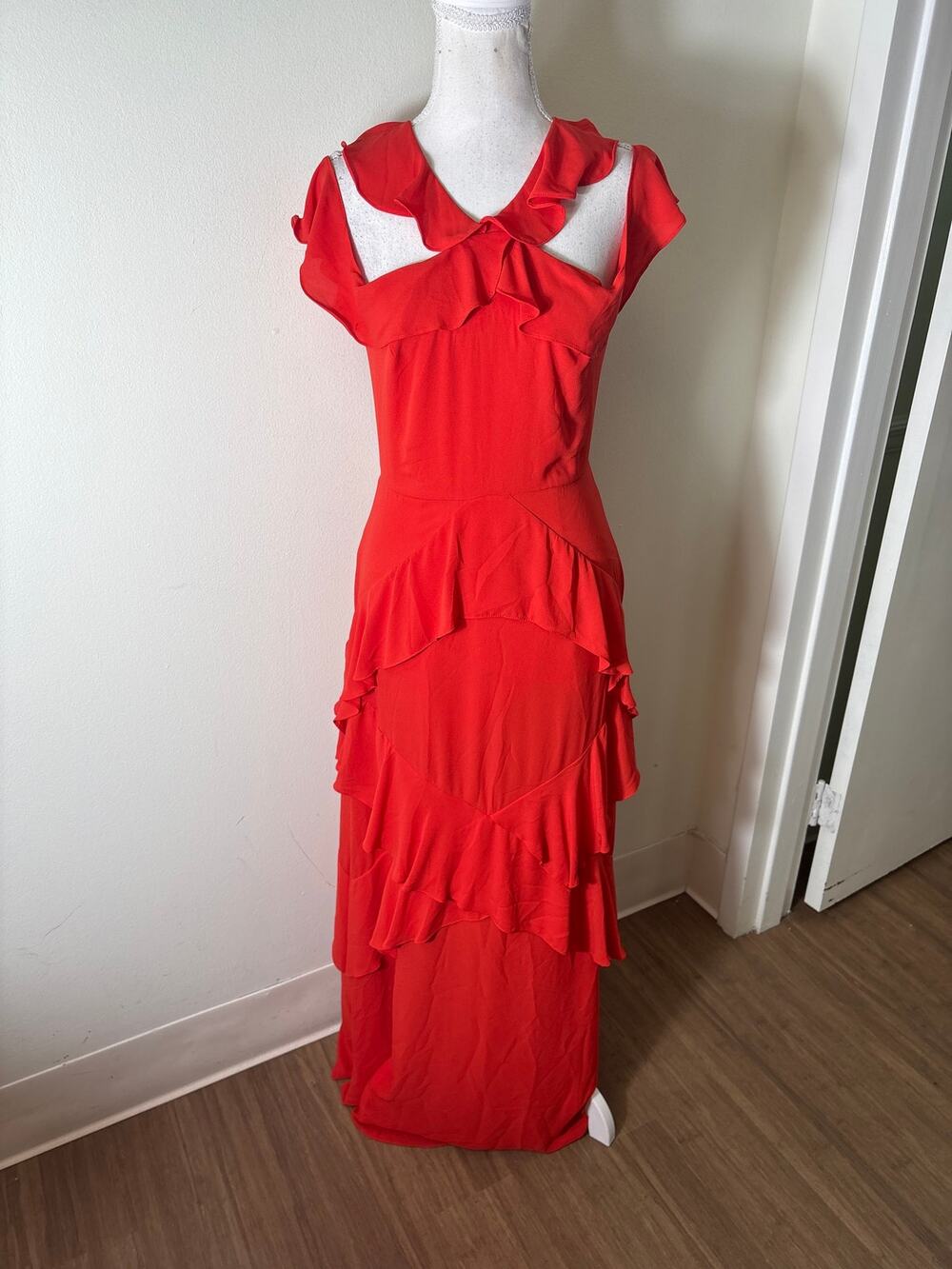 BCBG Red Cold Shoulder Ruffle Audrianna Gown Sz 2